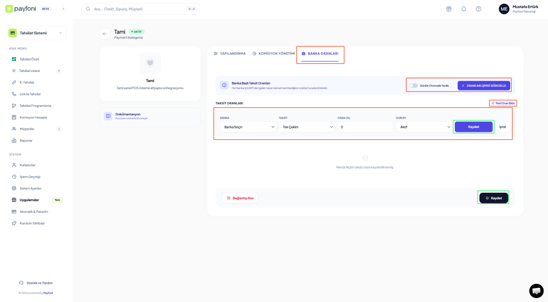 Banka ve biresyel komisyon oranlarını yönetin