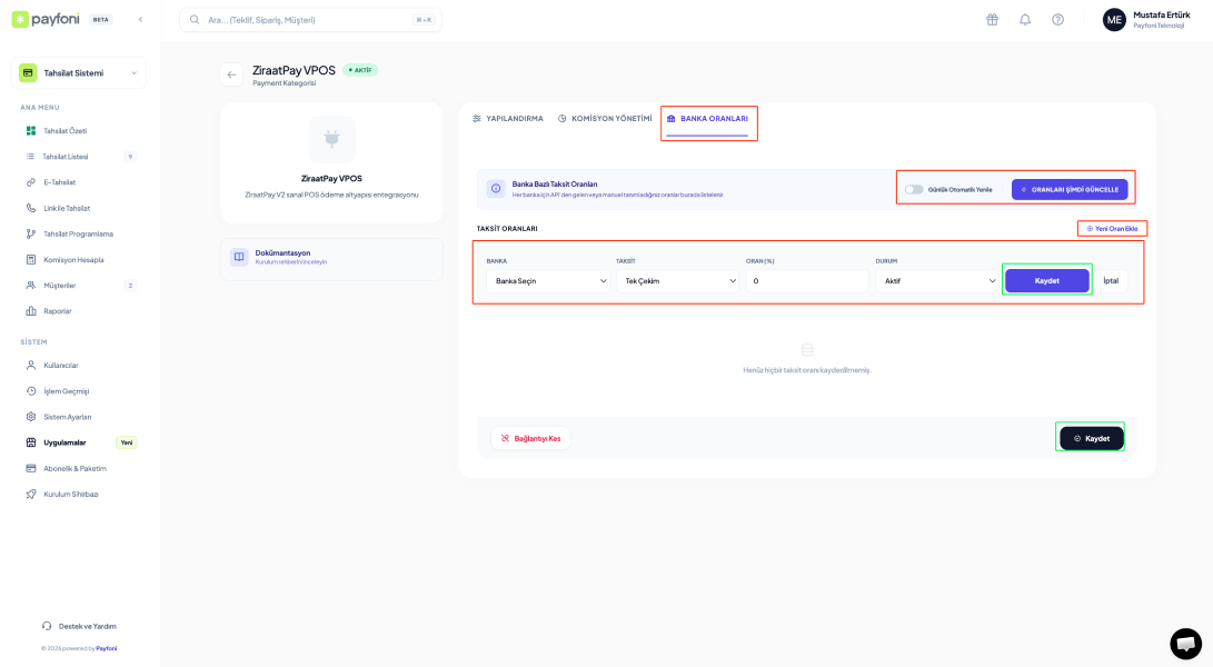 Banka ve Bireysel Komisyon Yönetim Ekranı
