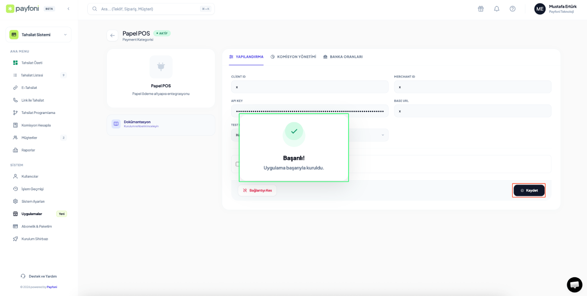 Başarılı Entegrasyon Kaydı