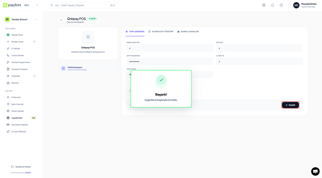 Başarılı Entegrasyon Kaydı