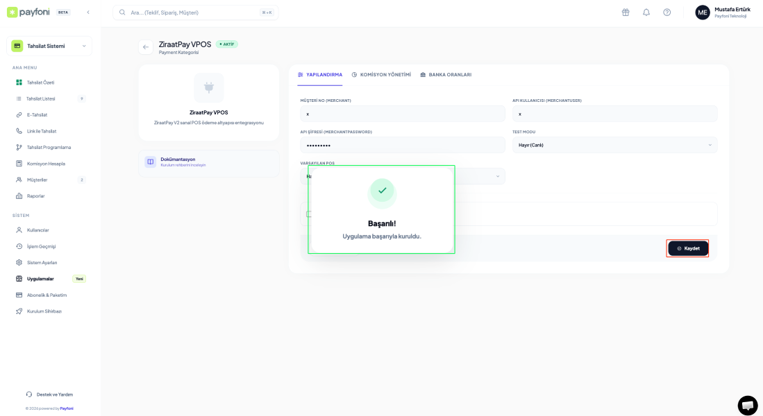 Başarılı Entegrasyon Kaydı