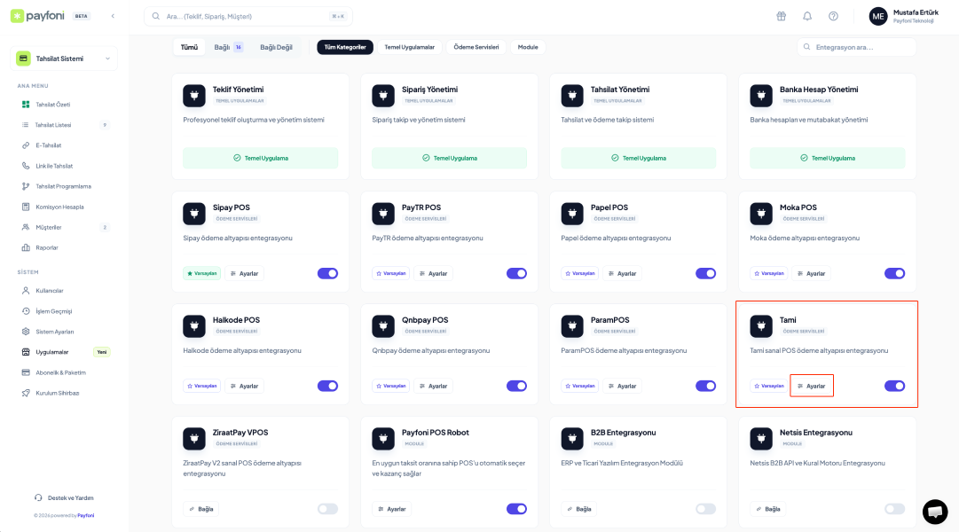 Sanal Pos firma ayarları ve yönetimi