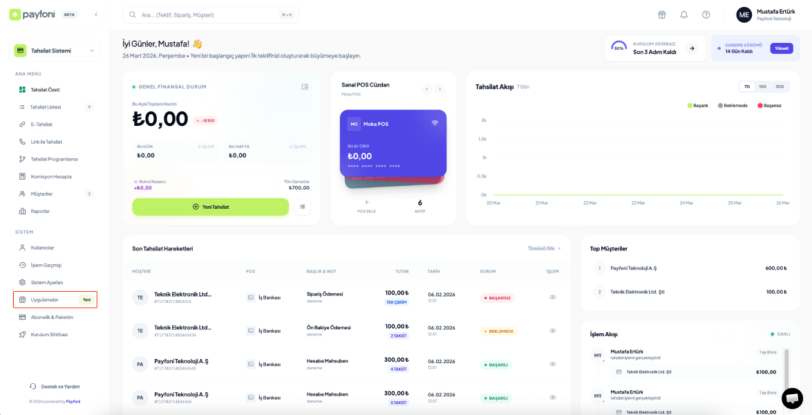 Payfoni Online Tahsilat Yönetim Paneli