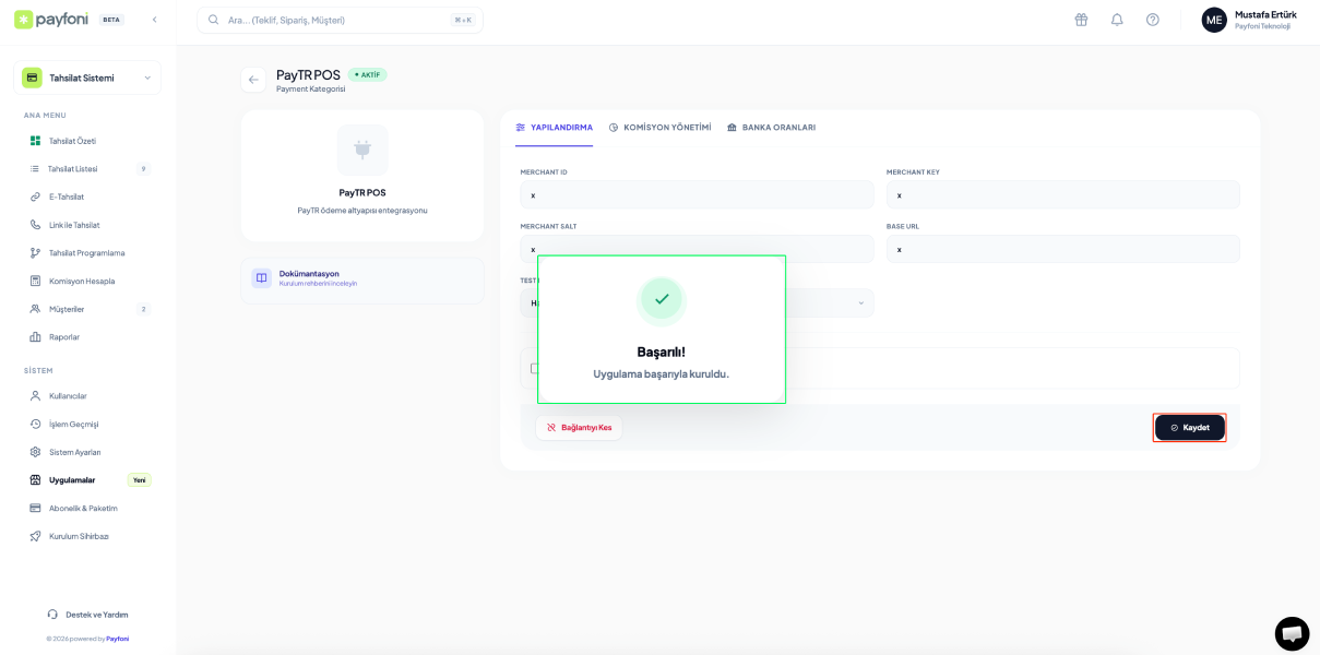 Pos ayarları kaydedildi