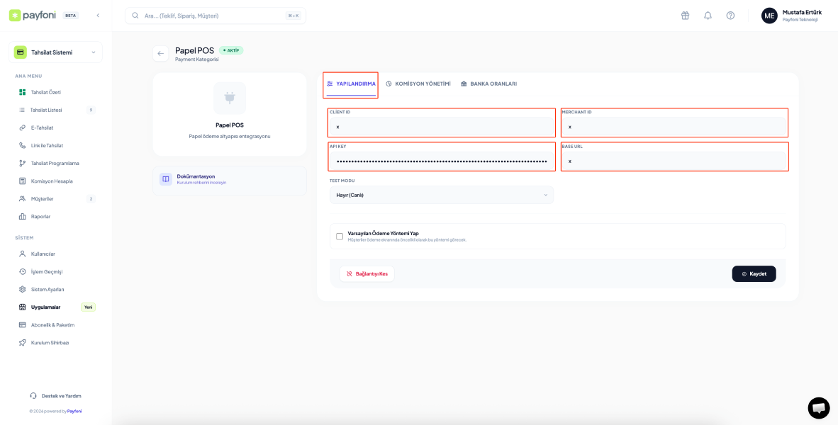 Sanal Pos Entegrasyon Ayarları 