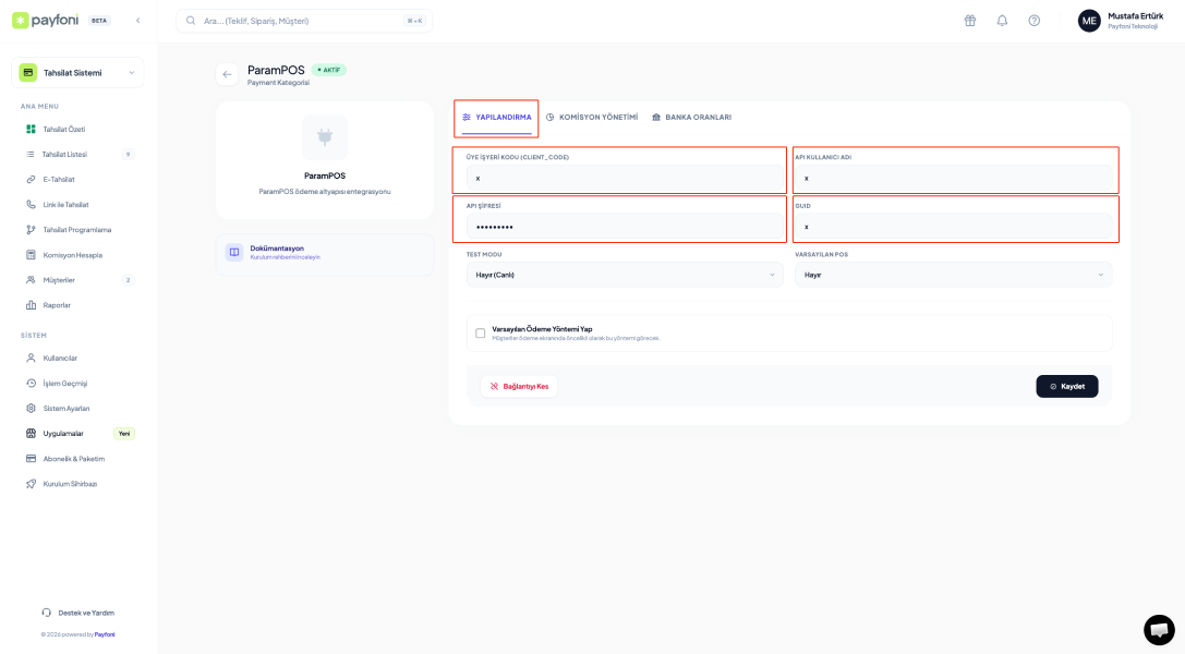 Sanal pos API entegrasyon ayarları