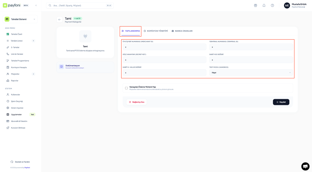 Sanal Pos Entegrasyon API ayarları