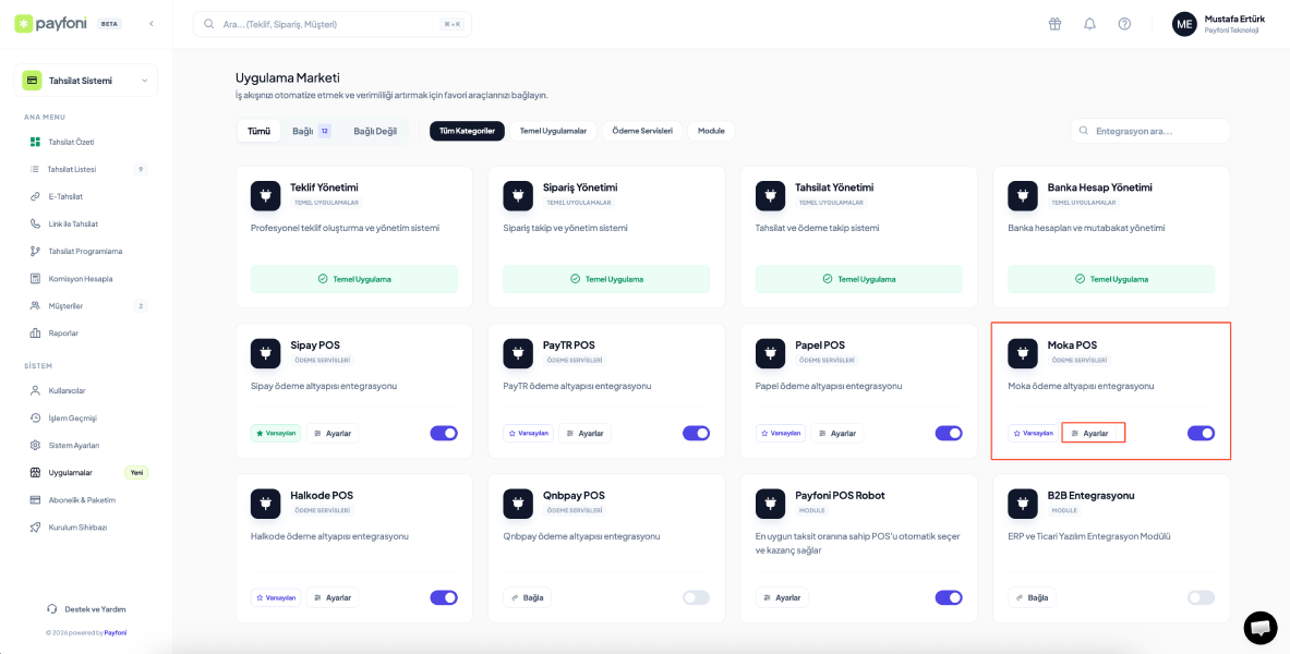 Sanal pos seçim ve yönetim sayfası