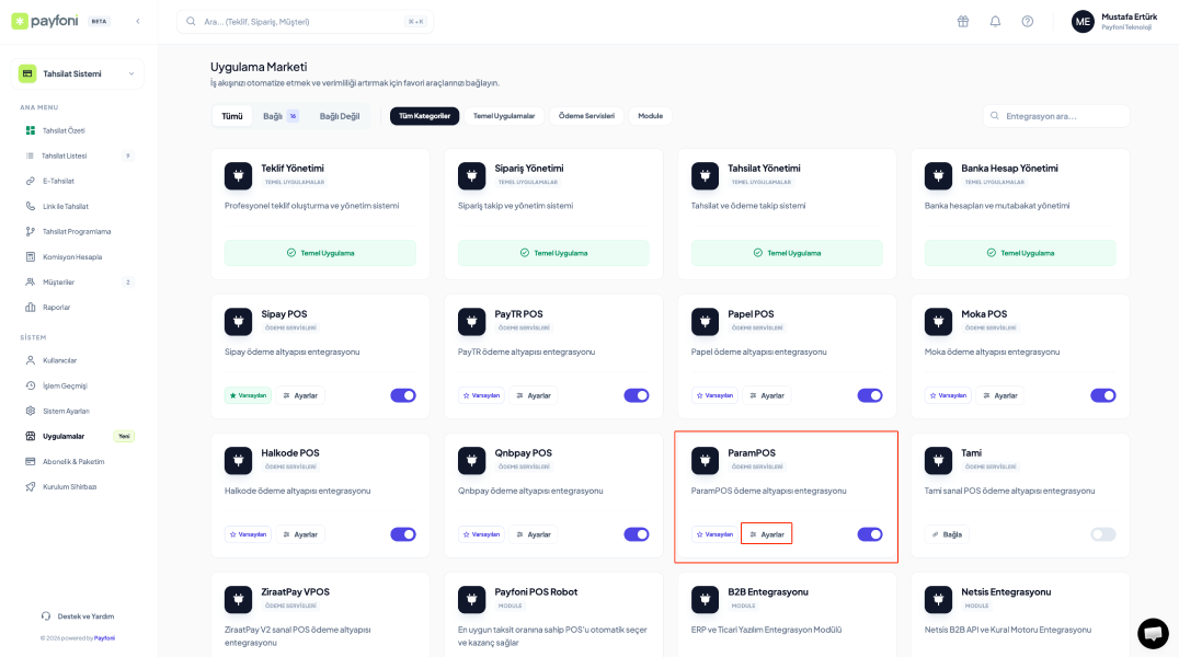 Sanal pos firma ayarları ve yönetimi