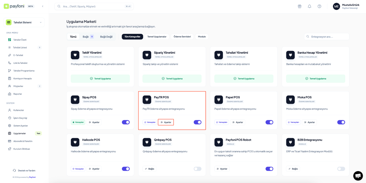 Sanal POS entegrasyonu ve yönetim paneli ekranı