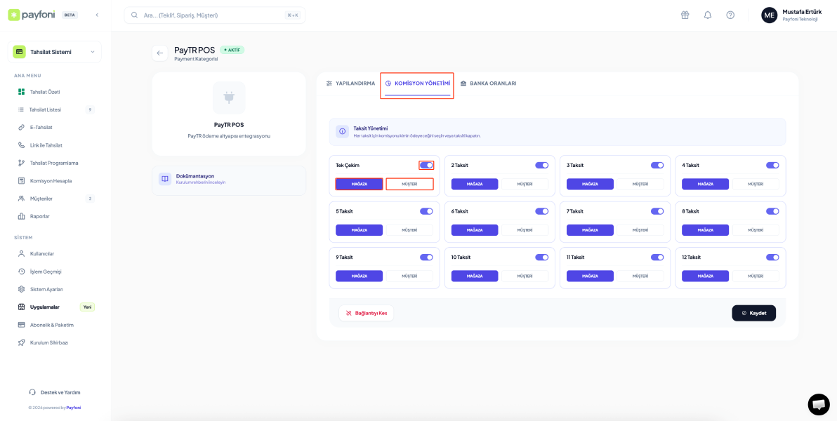 Sanal Pos taksit ve işlem ücreti ayarları