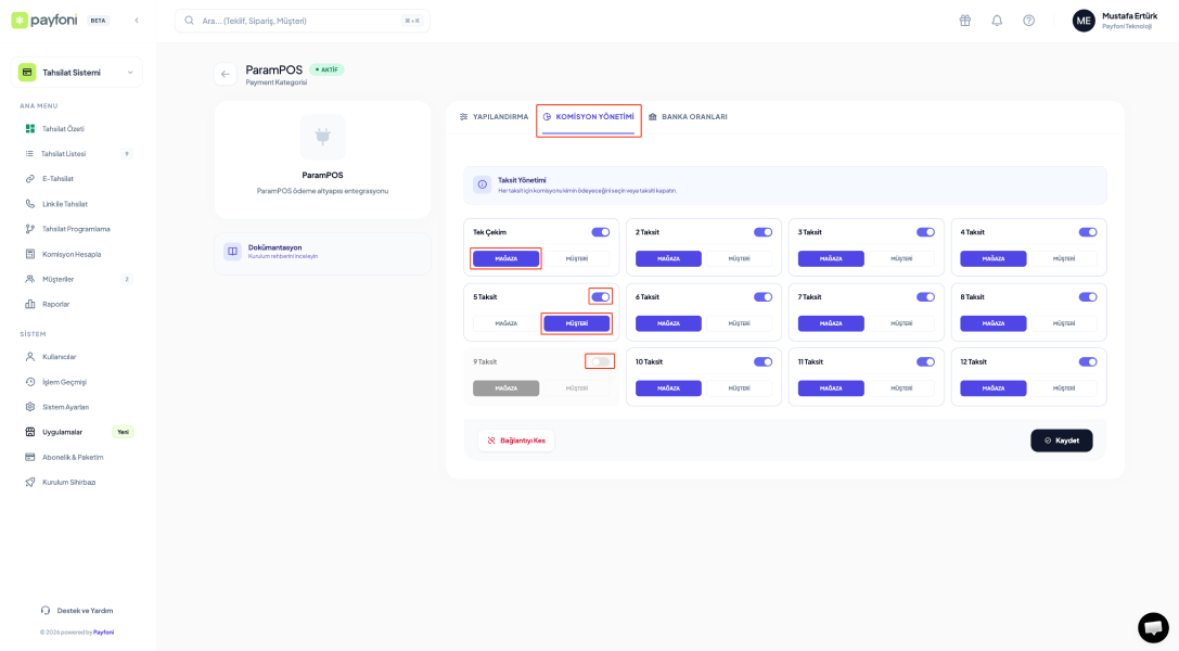 Taksit ve komisyon yönetimi