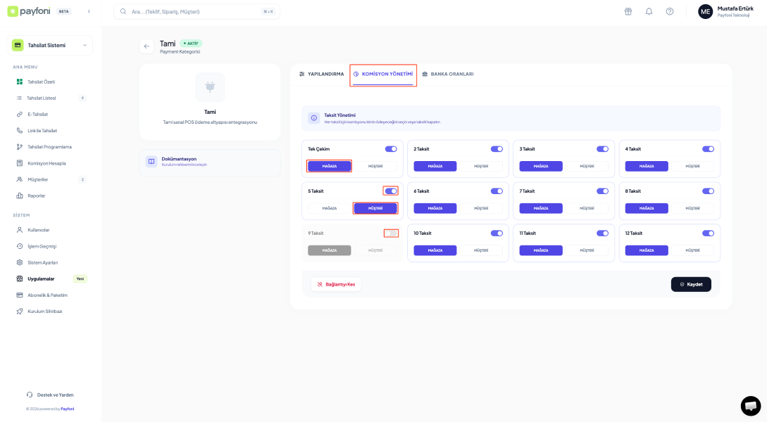 Taksit ve komisyon oranları yönetimi