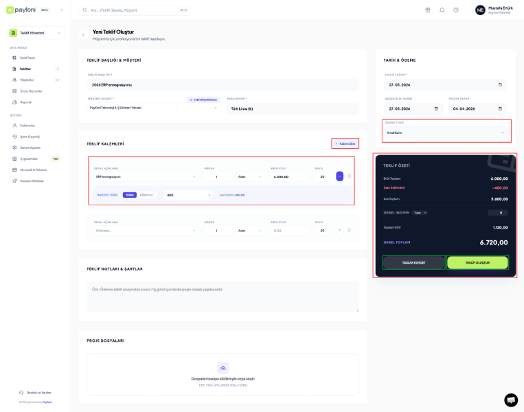 Teklif Oluştur Kullanım
