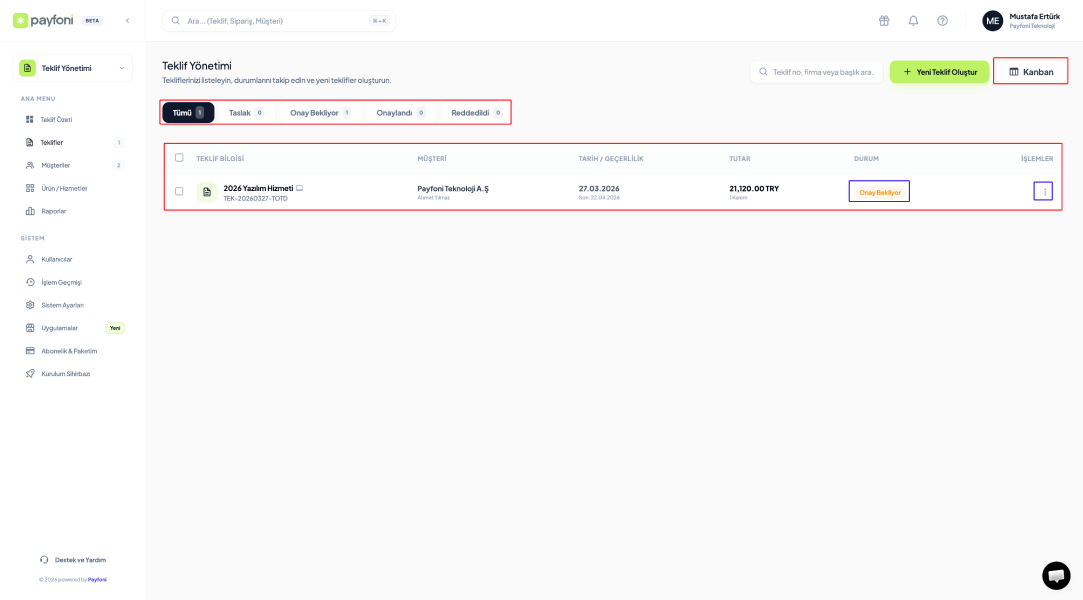 Tüm Tekliflerin Listesi ve Yönetimi