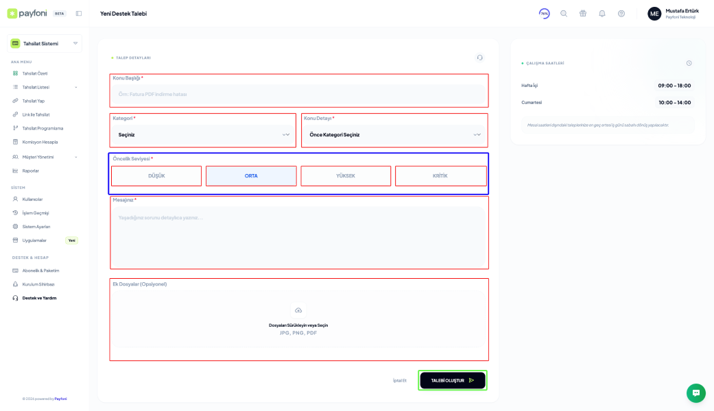 Yeni Destek Talebi Oluşturma
