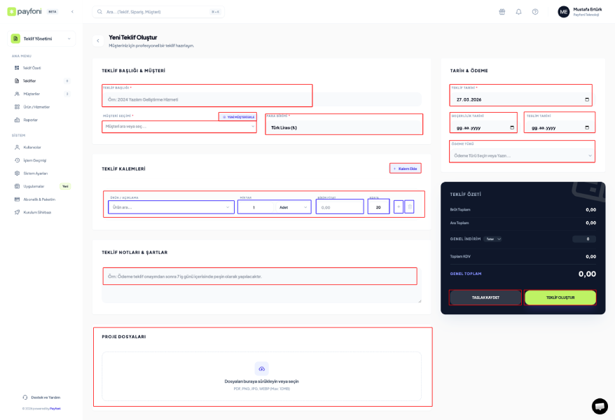 Yeni Teklif Oluştur Sayfa Tanımı